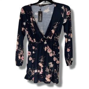 NWT Boohoo  Floral Long Sleeve Wrap Shirt, Stretch waistline Floral Design